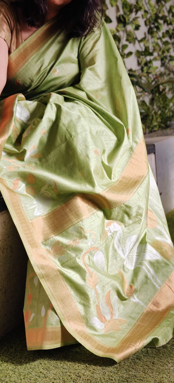Green Matka Silk Saree with Flamingo Jamdani Weave