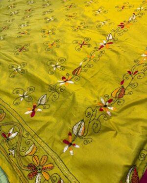 Mustard Green Kathan Stitch - Saree Body