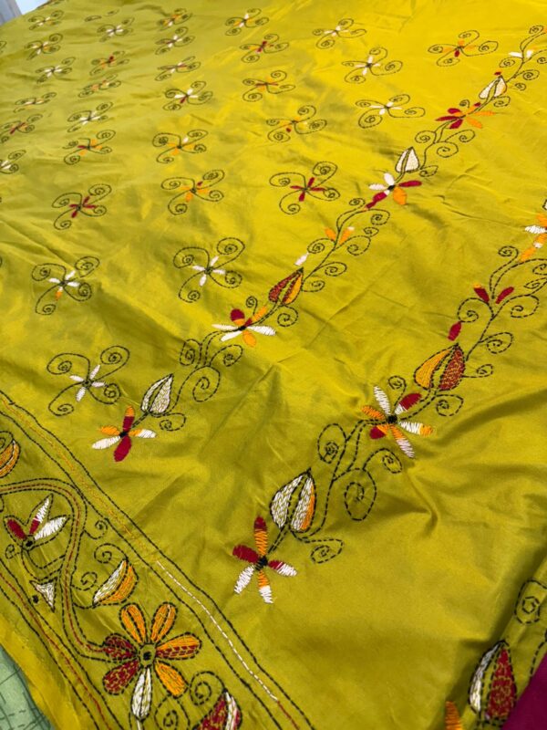 Mustard Green Kathan Stitch - Saree Body