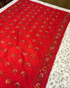 Red Kathan Stitch Art Silk - Saree Body