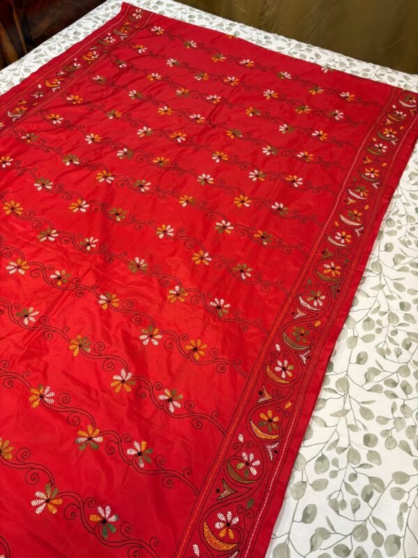 Red Kathan Stitch Art Silk - Saree Body