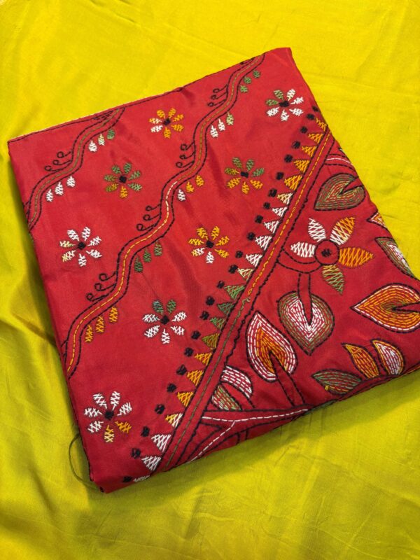 Red Kathan Stitch Art Silk - whole Saree