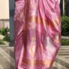 pastel pink matka silk jamdani saree flamingo motifs