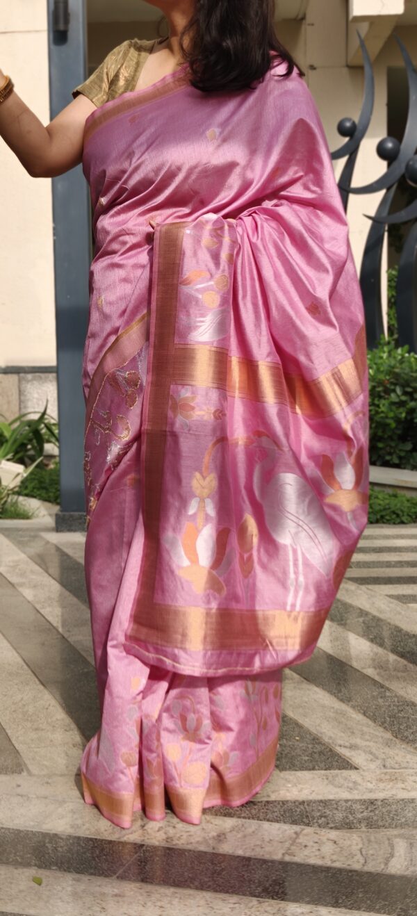 pastel pink matka silk jamdani saree flamingo motifs