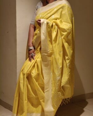 Bright Yellow Silver Zari Jamdani Weave Saree