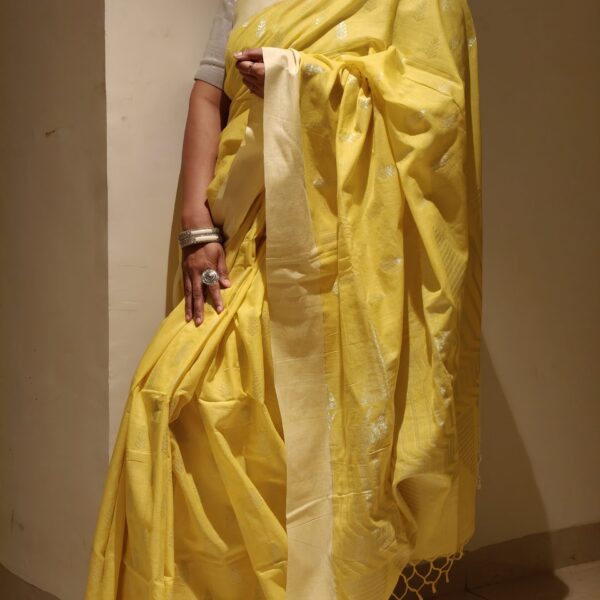 Bright Yellow Silver Zari Jamdani Weave Saree
