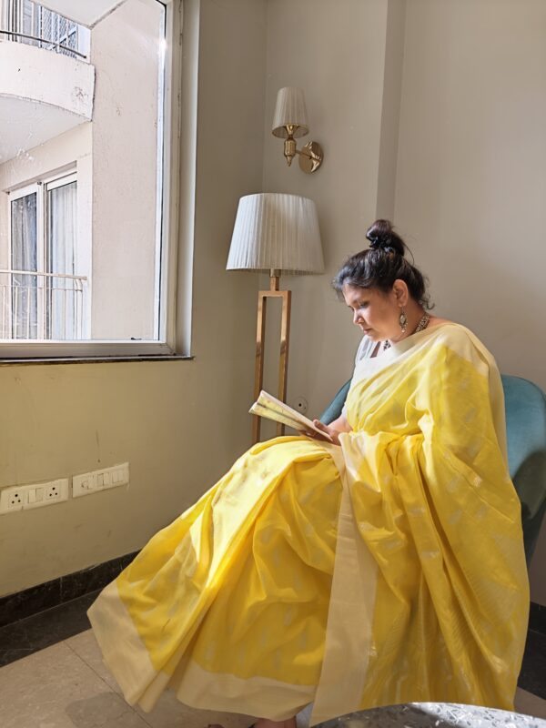 Women Wearing Yellow Silver Zari Jamdani Weave Saree