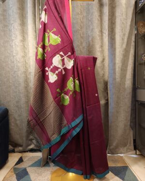 purple cotton handloom saree with bird motifs