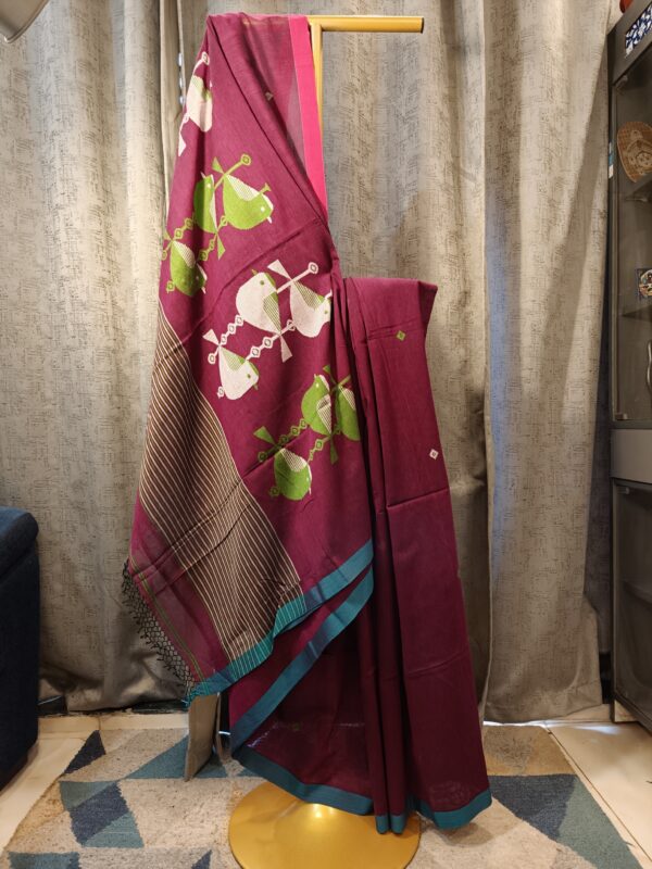 purple cotton handloom saree with bird motifs