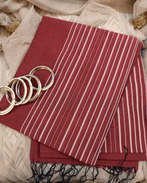 maroon cotton saree white horizontal stripes detail