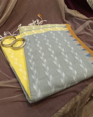 yellow grey cotton saree woven geometric motifs