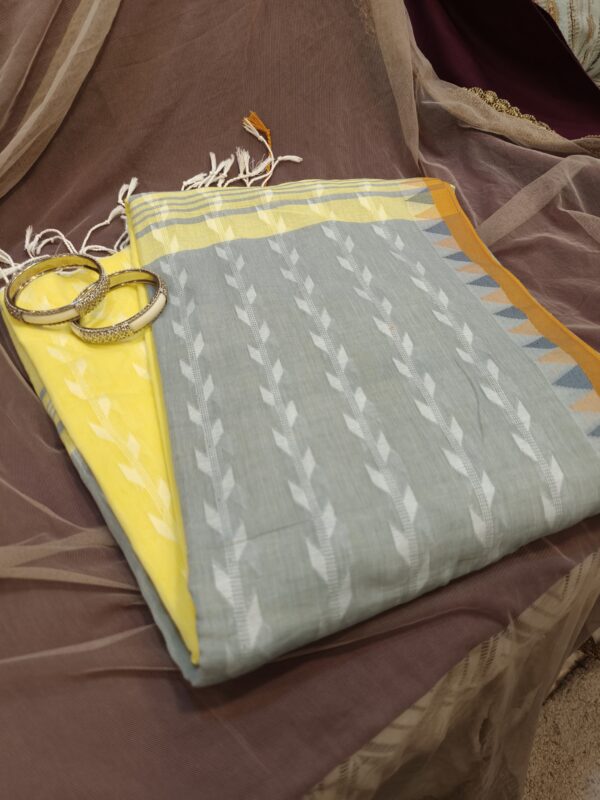 yellow grey cotton saree woven geometric motifs
