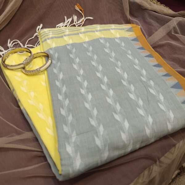 yellow grey cotton saree woven geometric motifs