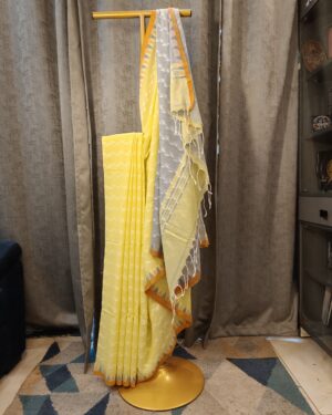 dual color cotton handloom saree yellow grey