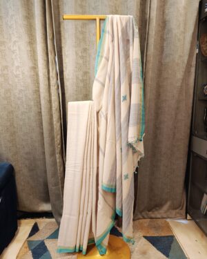 off white cotton saree with turquoise border handloom