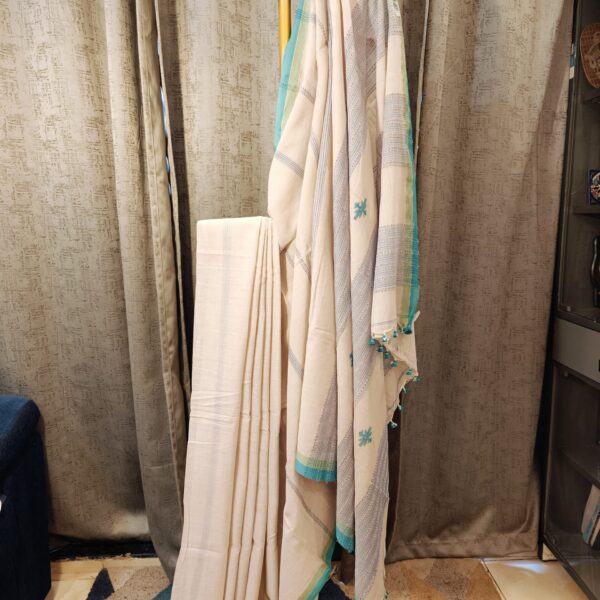 off white cotton saree with turquoise border handloom