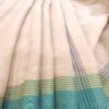 off white cotton saree with turquoise border handloom - saree pleates