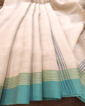 off white cotton saree with turquoise border handloom - saree pleates