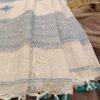 off white saree turquoise border buti work aanchal