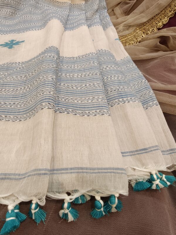 off white saree turquoise border buti work aanchal