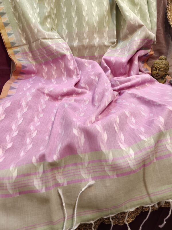 green pink cotton saree woven geometric motifs