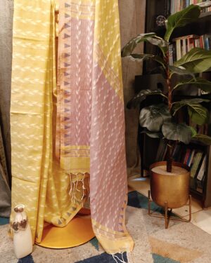 yellow pink cotton handloom saree dual tone