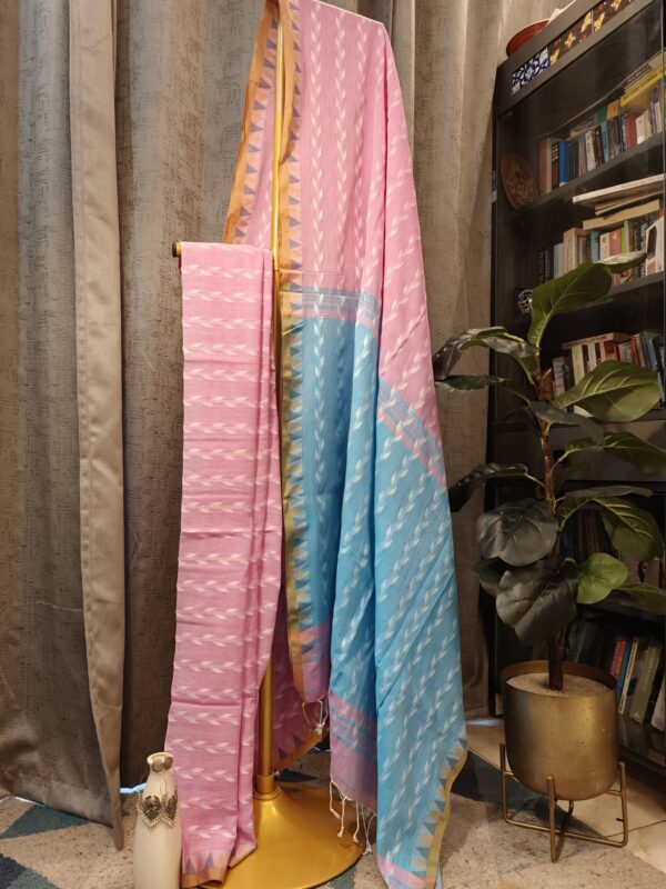 blue pink cotton handloom saree dual tone