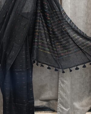 black linen saree with subtle sequin detailing