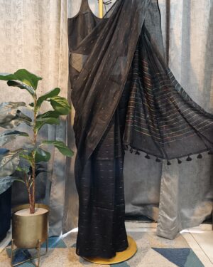 black linen saree with multicolor stripes