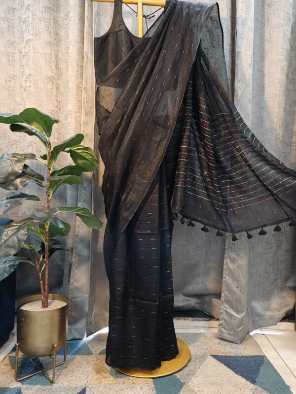 black linen saree with multicolor stripes