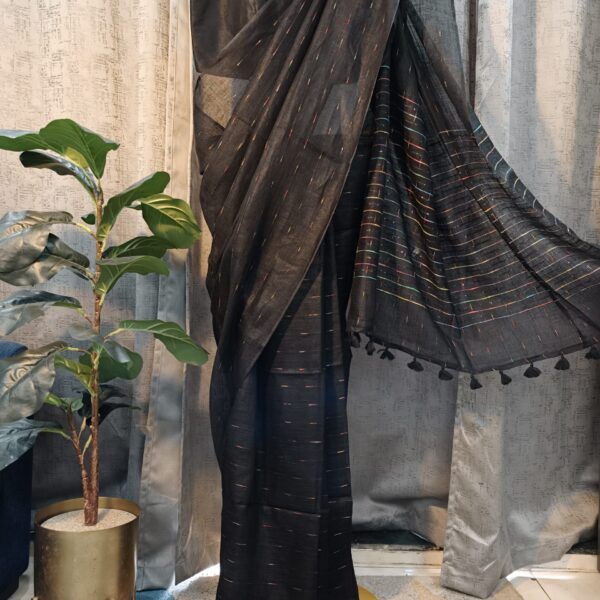 black linen saree with multicolor stripes