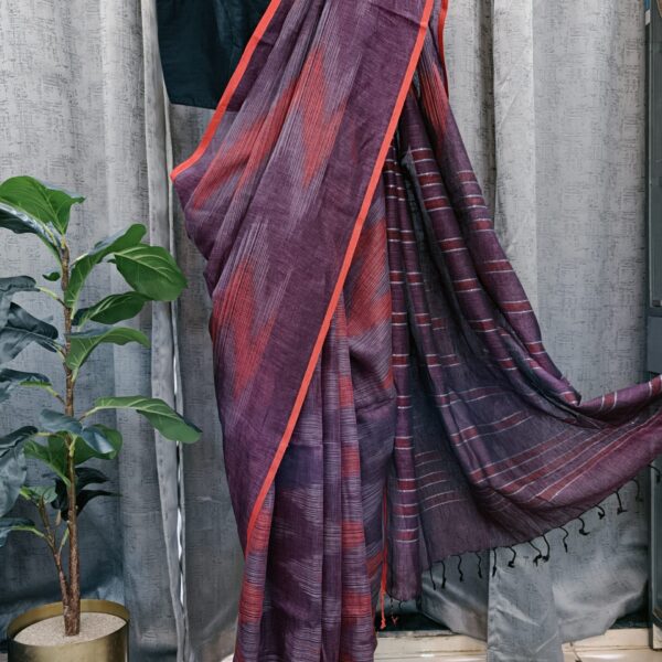 deep plum linen saree with sequin work on aanchal