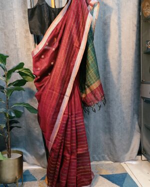 maroon handloom cotton saree with multicolor stripes
