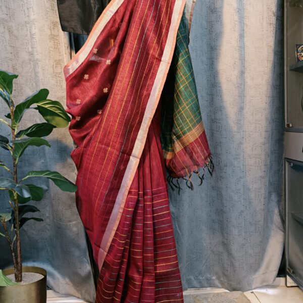 maroon handloom cotton saree with multicolor stripes